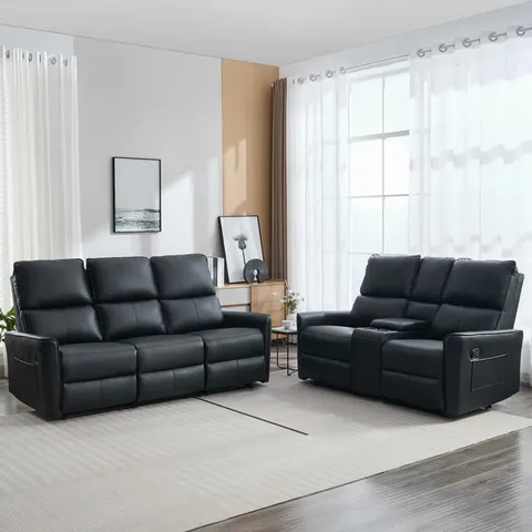 BOXED ELIZJAH 5 SEATER FAUX LEATHER RECLINING SOFA SET - BLACK // 2 x SOFAS (6 BOXES)