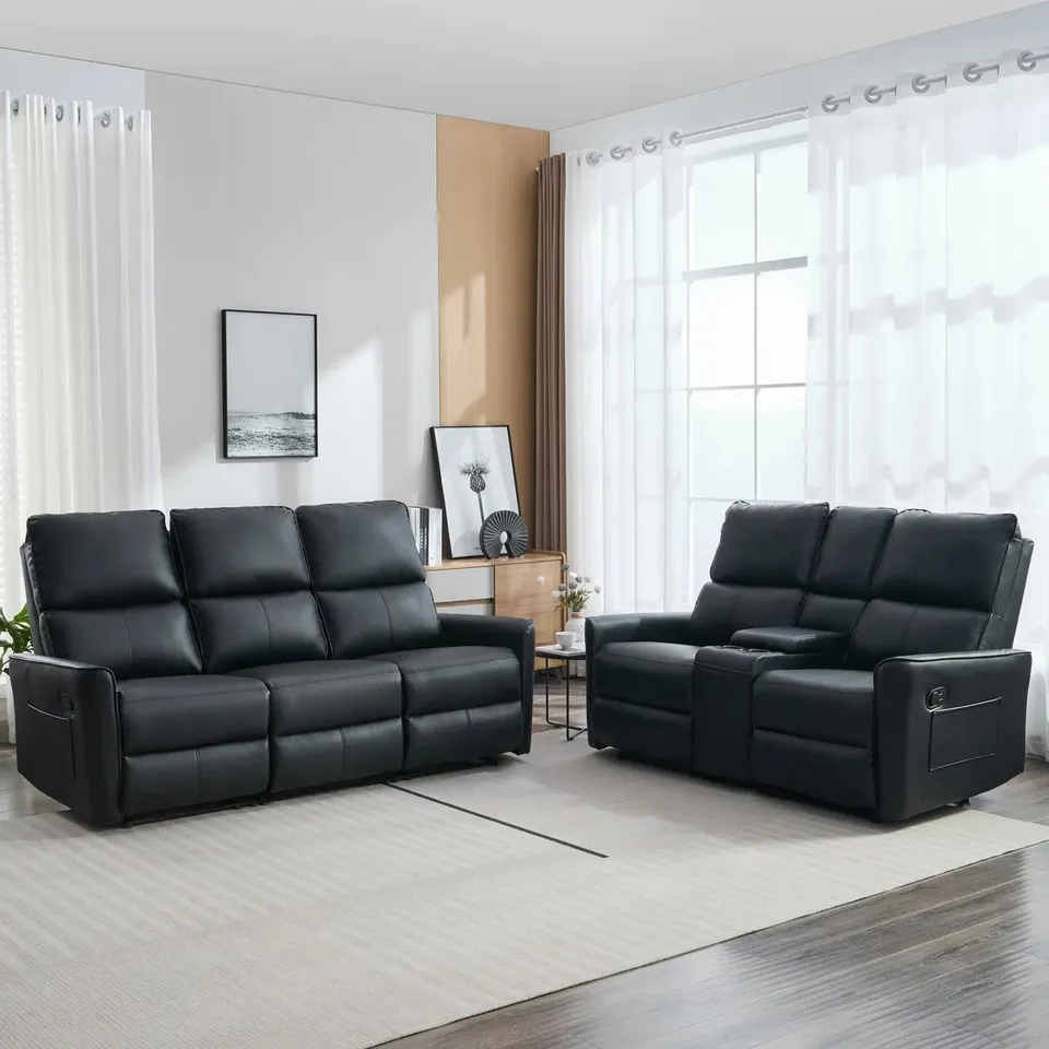 BOXED ELIZJAH 5 SEATER FAUX LEATHER RECLINING SOFA SET - BLACK // 2 x SOFAS (6 BOXES) RRP £1099