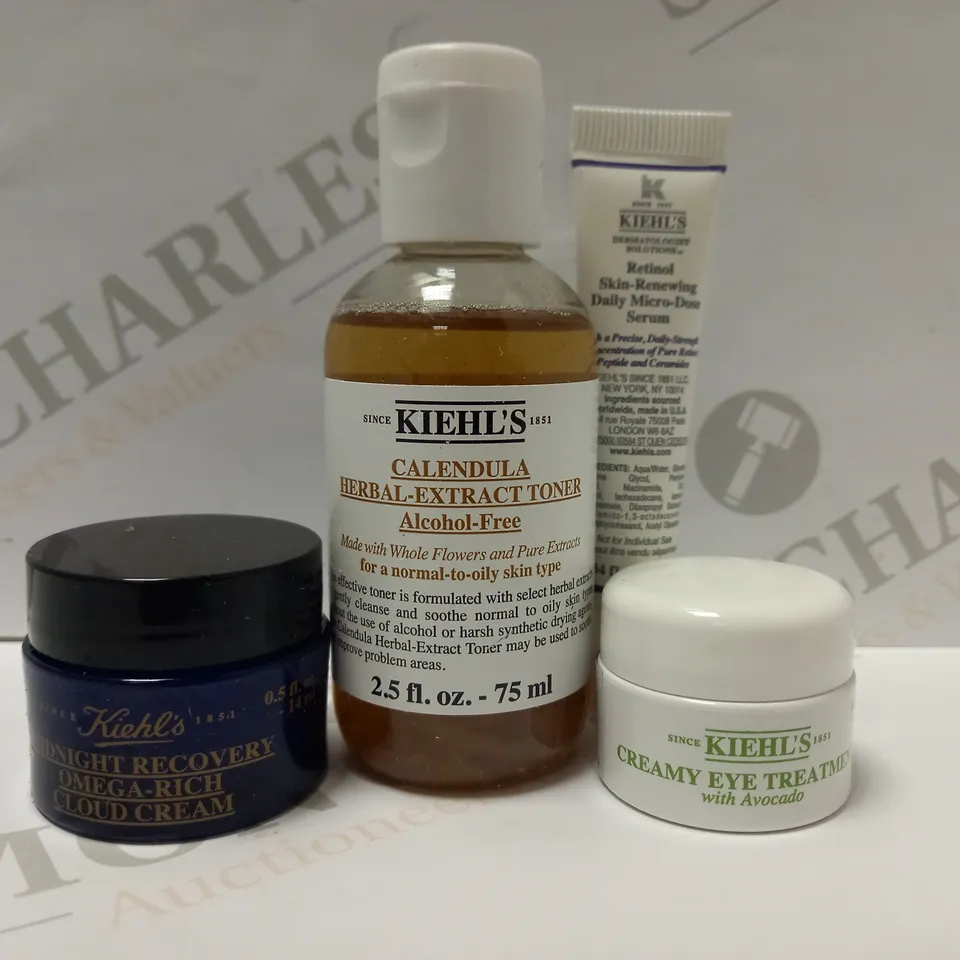 LOT OF 4 KIEHL'S PRODUCTS TO INCLUDE MIDNIGHT RECOVERY OMEGA-RICH CLOUD CREAM, CREAMY EYE TREATMENT, RETINOL SKIN RENEWING SERUM, ETC 