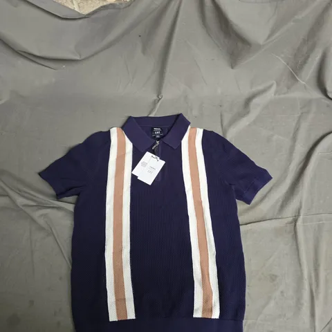 REISS CHE NAVY/CAMEL WIDE-STRIPE KNIT POLO SHIRT, SIZE M (UK)