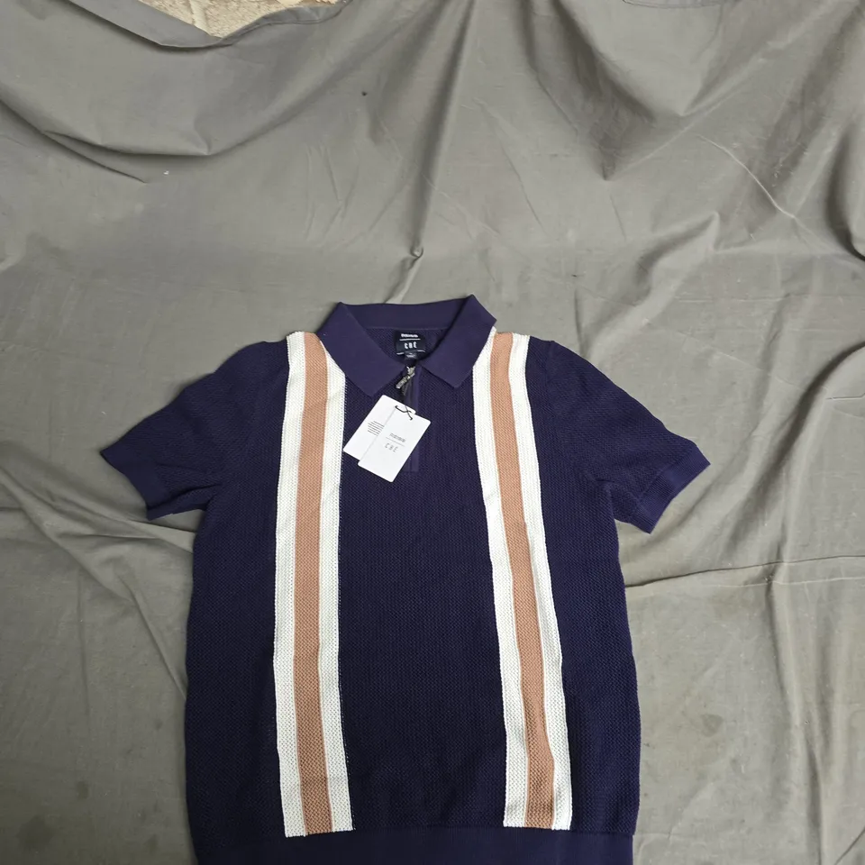 REISS CHE NAVY/CAMEL WIDE-STRIPE KNIT POLO SHIRT, SIZE M (UK)
