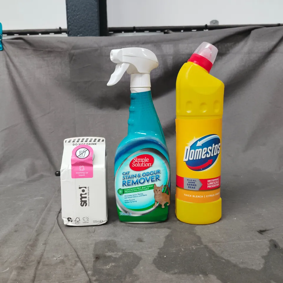 APPROXIMATELY 10 ASSORTED HOUSEHOLD ITEMS TO INCLUDE WASHING UP LIQUID, CAT STAIN & ODOUR REMOVER, DOMESTOS, ETC