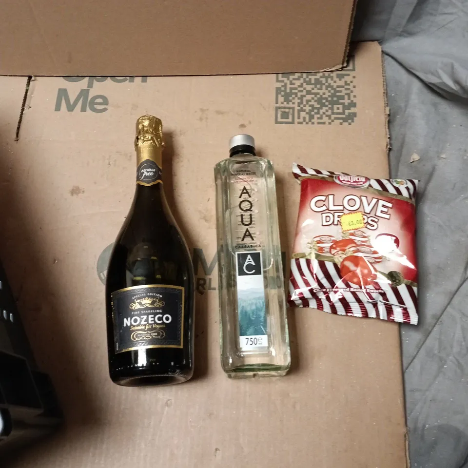 TOTE OF APPROXIMATELY 8 ASSORTED FOOD AND DRINK TO INCLUDE: NOZECO, AQUA WATER AND CLOVE DROPS