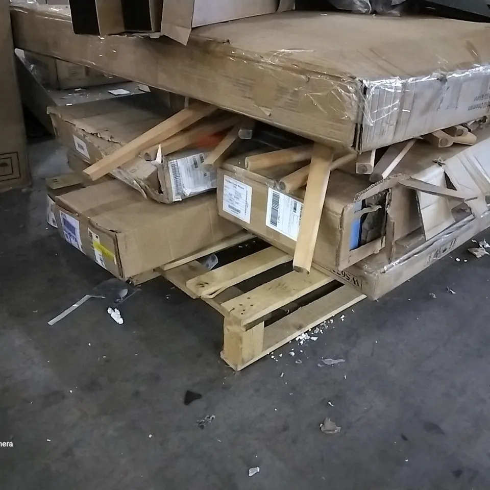 PALLET OF ASSORTED BOXED FURNITURE INCLUDING OTTOMAN, BOOKCASE,  HEADBOARD