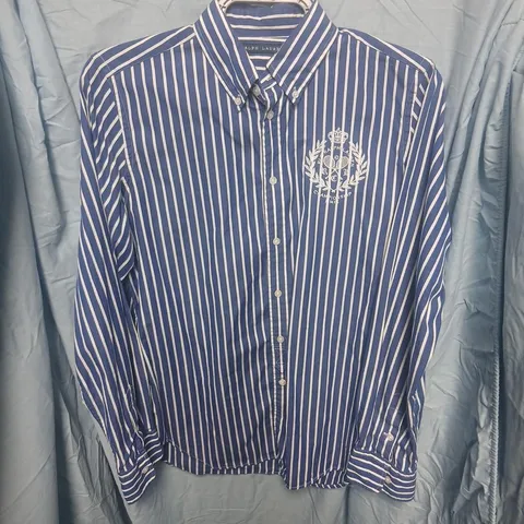 RALPH LAUREN STRIPED SHIRT – NAVY & WHITE, UK SIZE 14 (LABEL SIZE 14)