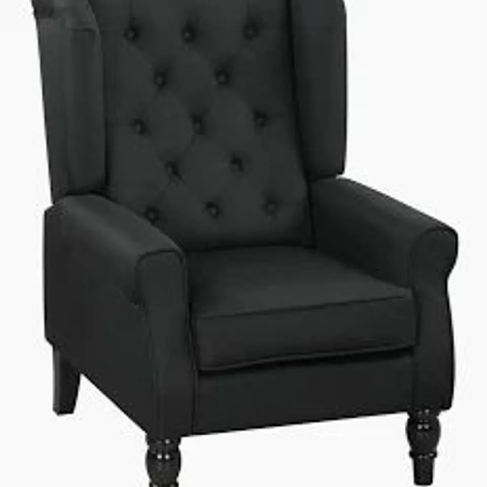 BOXED UIXE MODERN BLACK BLUE LINEN UPHOLSTERED BUTTON HIGH BACK ACCENT ARM CHAIR WITH WOOD LEGS (SET OF 1)