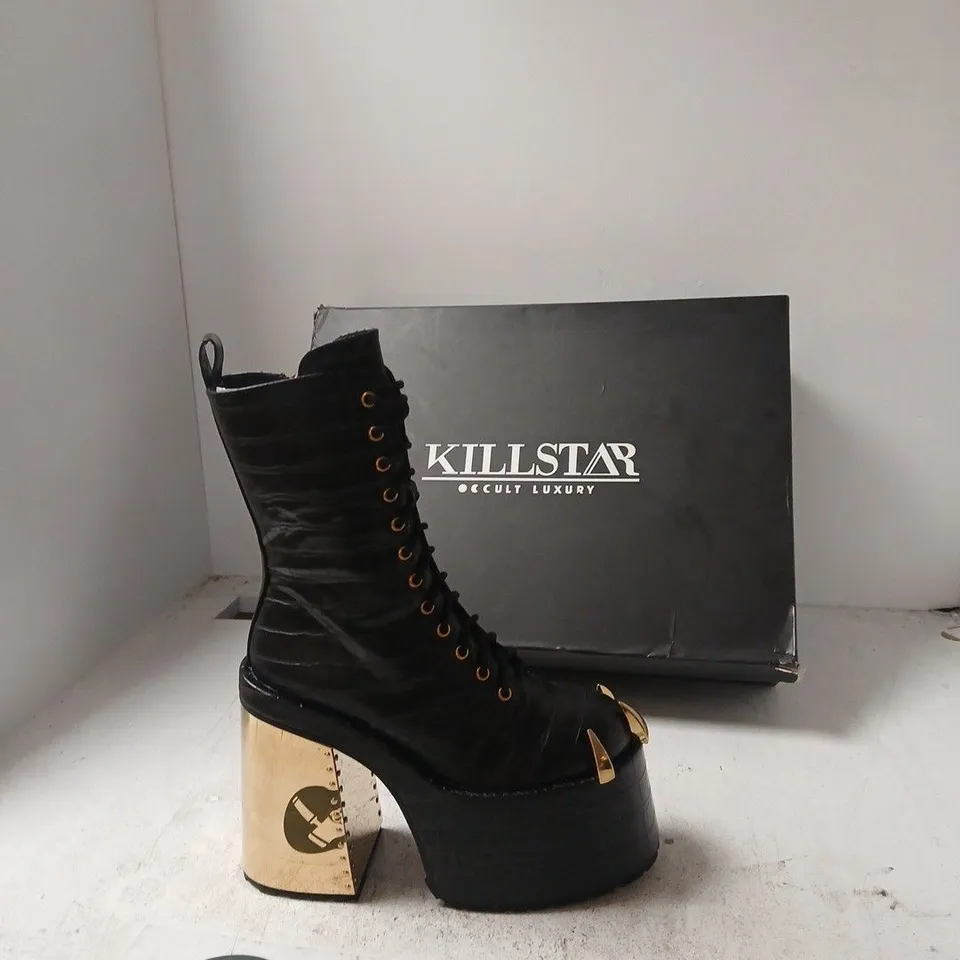 KILLSTAR REPTILIA BOOTS UK7 – BLACK CROC-EFFECT PLATFORM BOOTS
