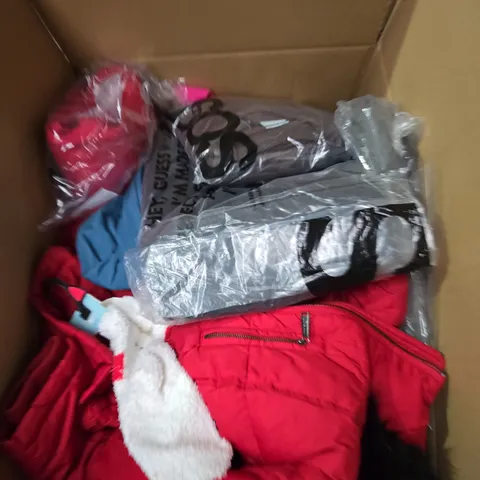 LARGE BOX OF ASSORTED CLOTHING ITEMS IN VARIOUS SIZES, STYLES AND COLOUR 