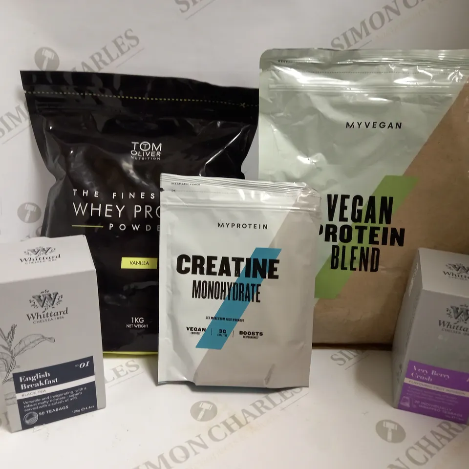 BOX OF APPROX 5 ITEMS TO INCLUDE VEGAN PROTEIN BLEND, CREATINE MONOHYDRATE AND WHITTARD ENGLISH BREAKFAST TEA