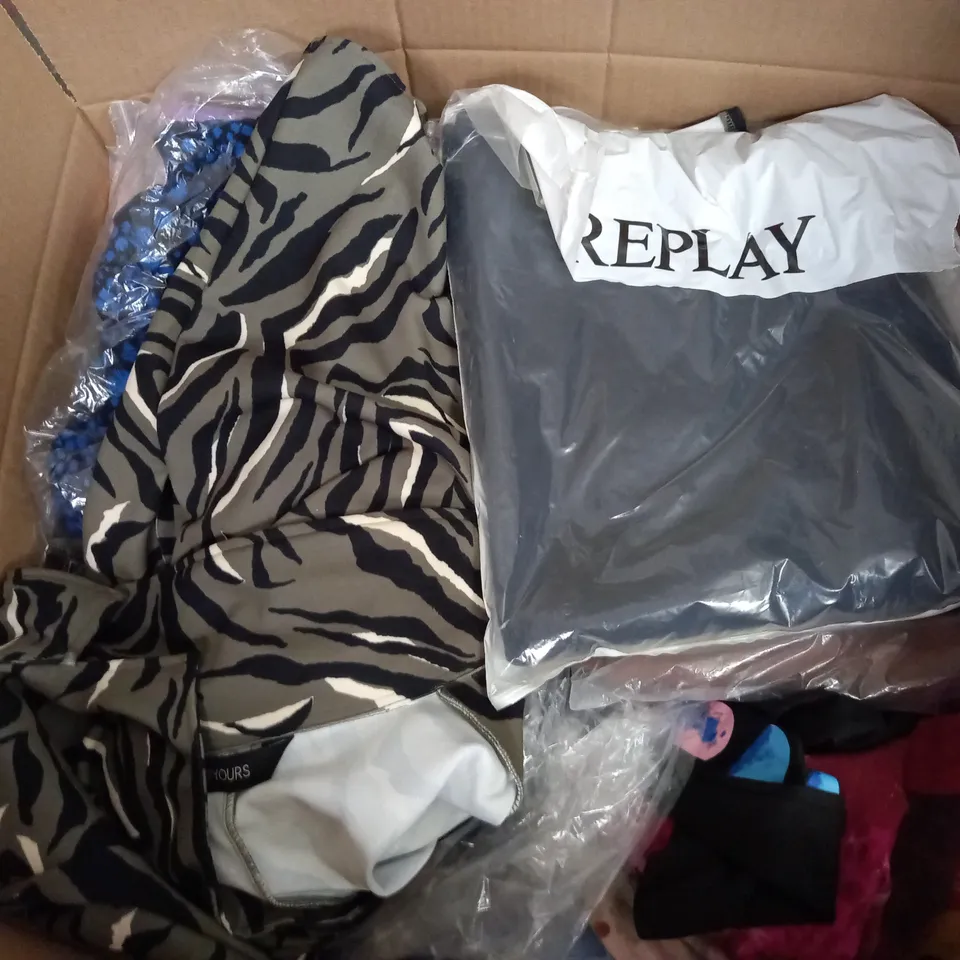 BOX OF ASSORTED CLOTHING ITEMS TOO INCLUDE JUMPERS, SHIRTS AND TROUSERS IN VARIOUS SIZES AND COLOURS   
