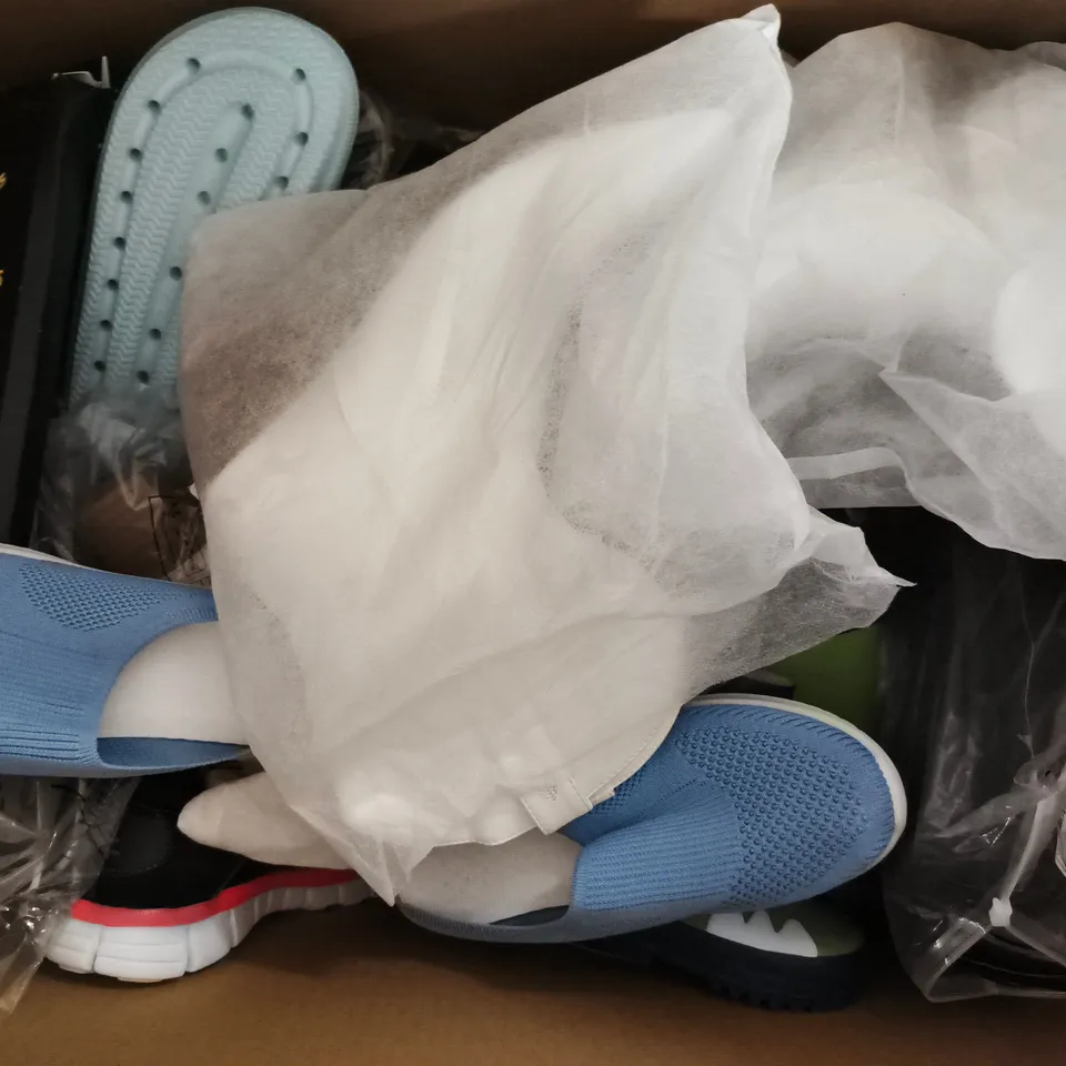 BOX OF APPROXIMATELY 15 ASSORTED PAIRS OF SHOES AND FOOTWEAR ITEMS IN VARIOUS COLOURS, STYLES, AND SIZES - COLLECTION ONLY