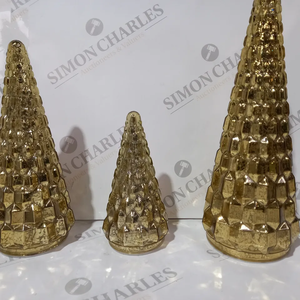 BOXED ALISON CORK SET OF 3 MERCURY GLASS TREES IN ANTIQUE GOLD