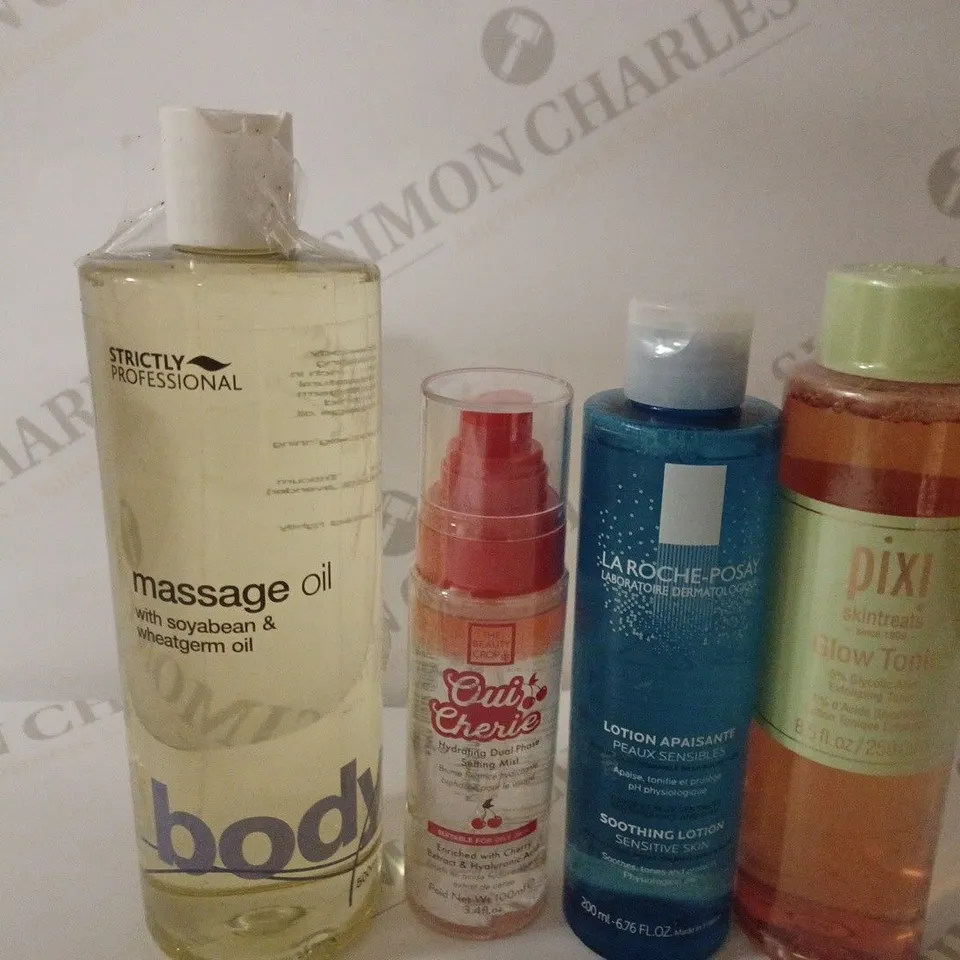 LOT OF 4 ASSORTED HEALTH & BEAUTY PRODUCTS TO INCLUDE PIXI SKINTREATS GLOW TONIC, LAROCHE-POSAY SOOTHING LOTION, OUI CHERIE MIST, STRICTLY PROFESSIONAL MASSAGE OIL