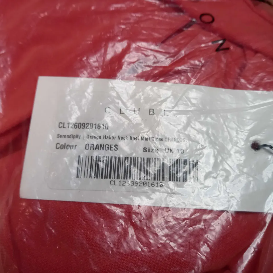 PACKAGED CLUB L ORANGE HALTER NECK KNOT MIDI DRESS - SIZE 10