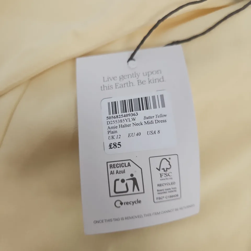 NOBODY'S CHILD BUTTER YELLOW AMIE HALTER NECK MIDI DRESS – UK 12 (EU 40, USA 8)