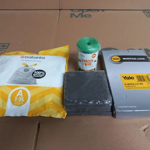 APPROXIMATELY 15 ASSORTED HOUSEHOLD PRODUCTS TO INCLUDE BRABANTIA BIN BAGS, GARDEN TWINE AND SLATE MUG COASTERS