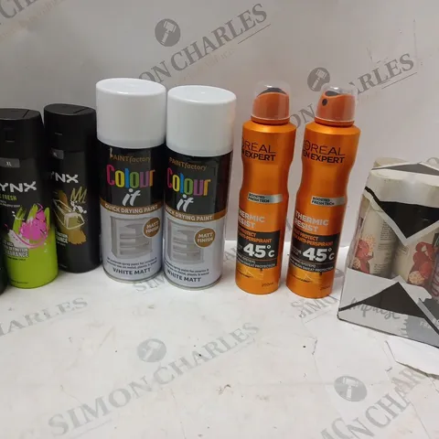 APPROXIMATELY 15 ASSORTED AEROSOLS TO INCLUDE LYNX SPRAYS, PAINTFACTORY QUICK DRYING PAINT, LOREAL EXPERT SPRAY, ETC - COLLECTION ONLY