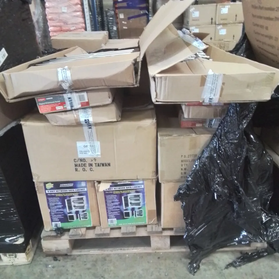 PALLET OF VARIOUS ELECTRICAL PARTS AND FITTINGS TO INCLUDE: 2 ARIEAL ANTENNAS, 8 UNIT NETWORK DATA CABINETS ETC.