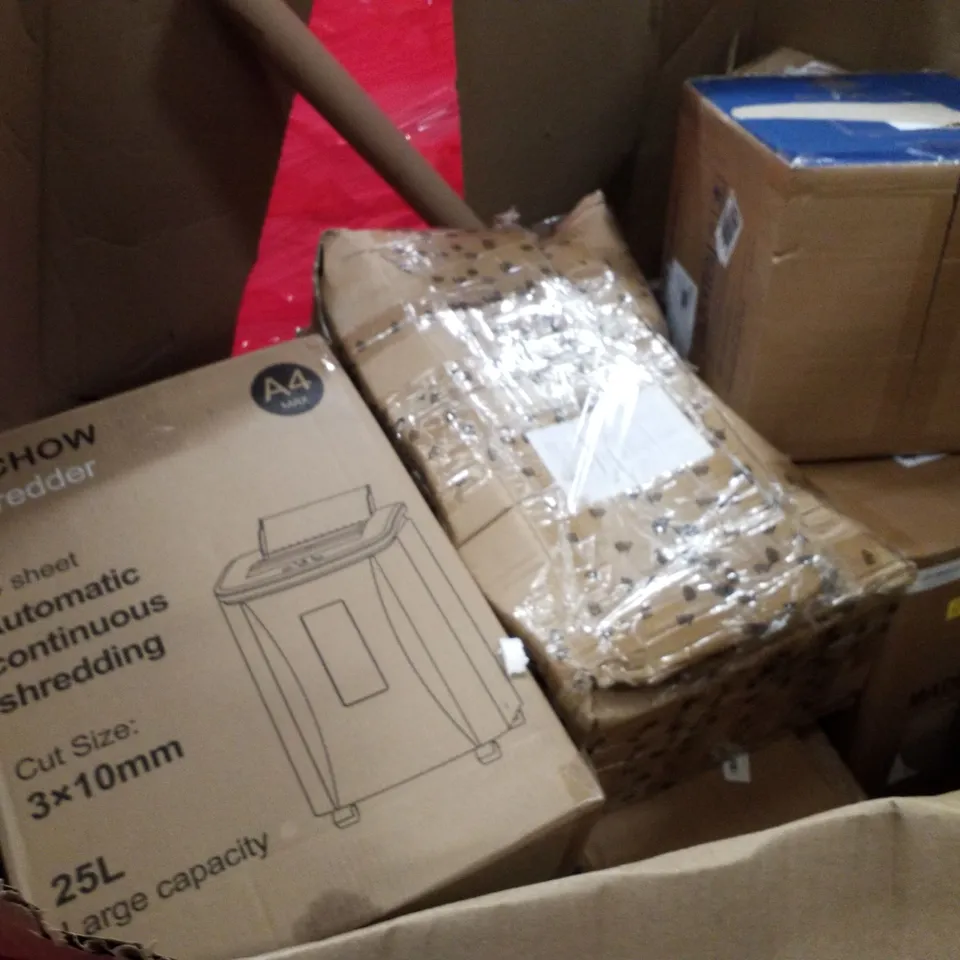 PALLET OF ASSORTED PRODUCTS INCLUDING AIR FRYER, STAND HAIR DRYER, BEACH TOY, MICRO CUT PAPER SHREDDER 