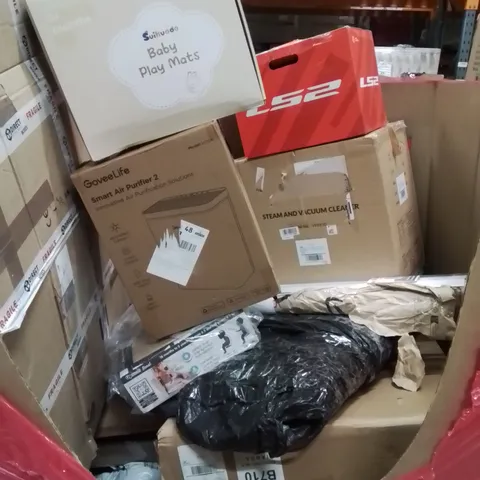 PALLET CONTAINING VARIOUS ASSORTED BOXED HOUSEHOLD ITEMS TO INCLUDE: SMART AIR PURIFIER, BABY PLAY MATS, BIKE HELMET, BOOSTER SEAT AND LOTS MORE UNMARKED BOXED ITEMS 