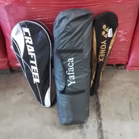 PALLET OF ASSORTED HOUSEHOLD PRODUCTS AND ITEMS TO INCLUDE;TENNIS RACKETS,CAMPING TENT,LAUNDRY BASKET