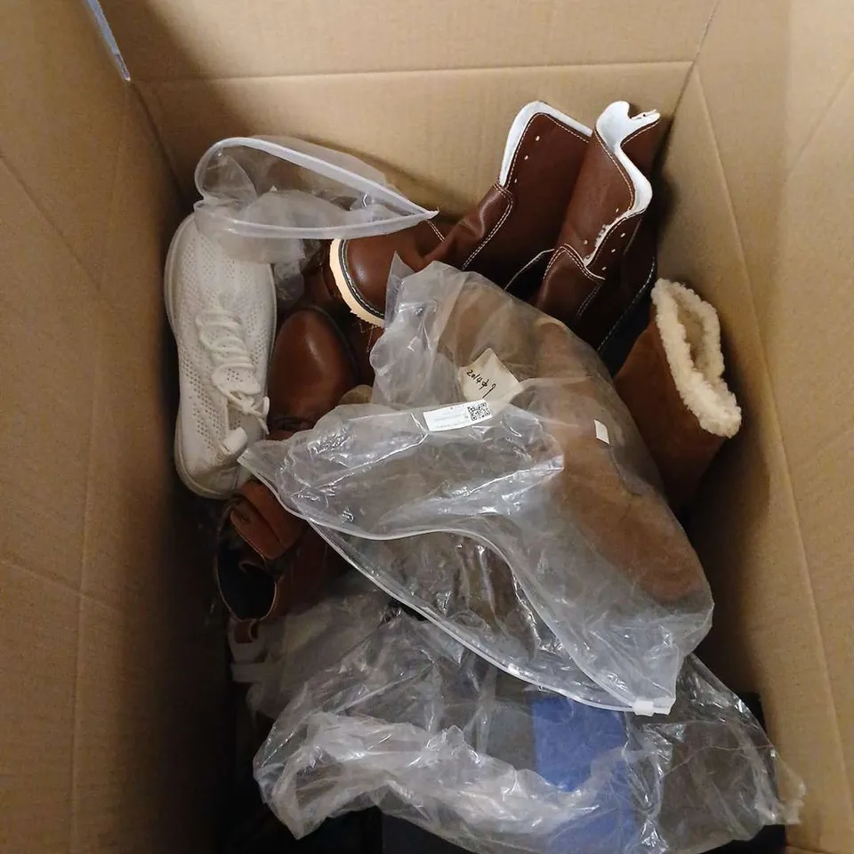 BOX OF APPROXIMATELY 15 PAIRS OF ASSORTED SHOES IN VARIOUS COLOUR, STYLES AND SIZES