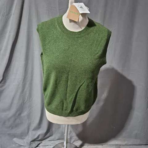 BODE GREEN CASHMERE SLEEVELESS KNIT VEST, SIZE S 