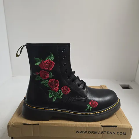 BOXED PAIR OF DR. MARTENS BLACK LEATHER BOOTS WITH RED ROSE EMBROIDERY, UK 7 