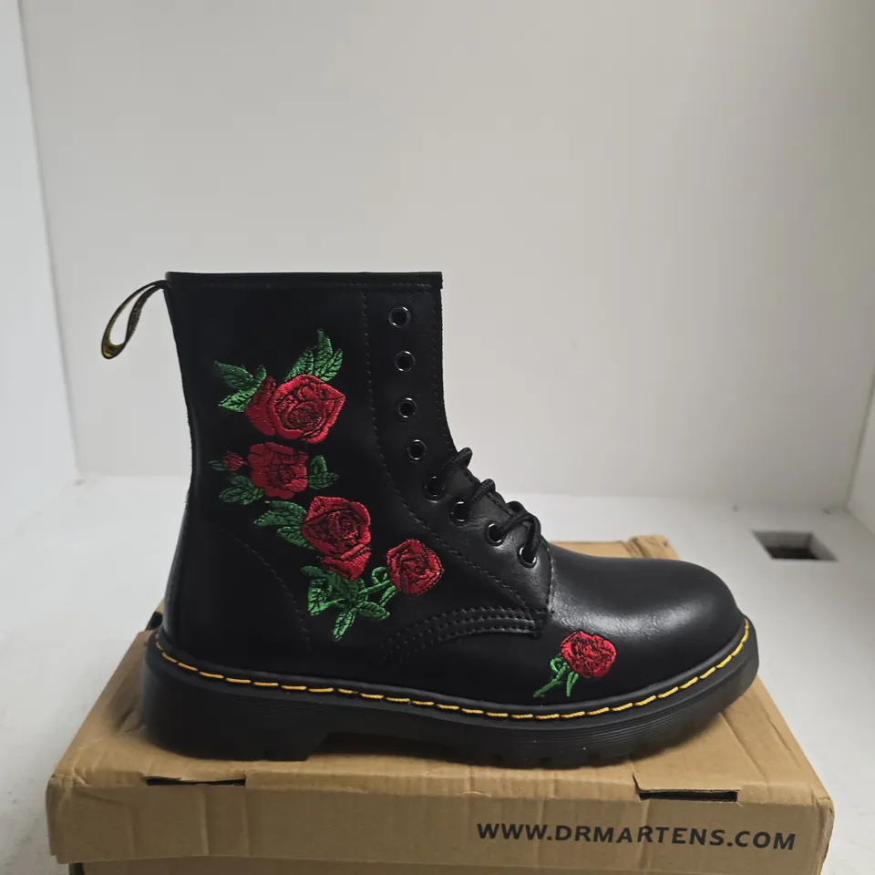 BOXED PAIR OF DR. MARTENS BLACK LEATHER BOOTS WITH RED ROSE EMBROIDERY, UK 7