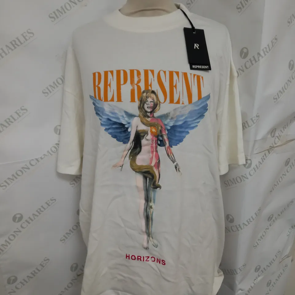 REPRESENT REBORN PRINTED JERSEY TEE IN OFF WHITE SIZE S
