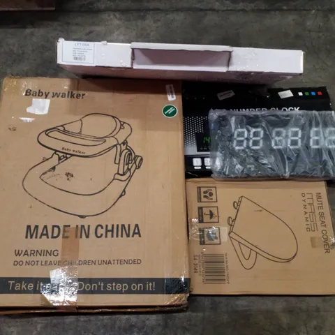 PALLET OF ASSORTED PRODUCTS INCLUDING TOILET SEAT, BABY WALKER, THERMOSTATIC MIXER SHOWERS, LED NUMBER CLOCK