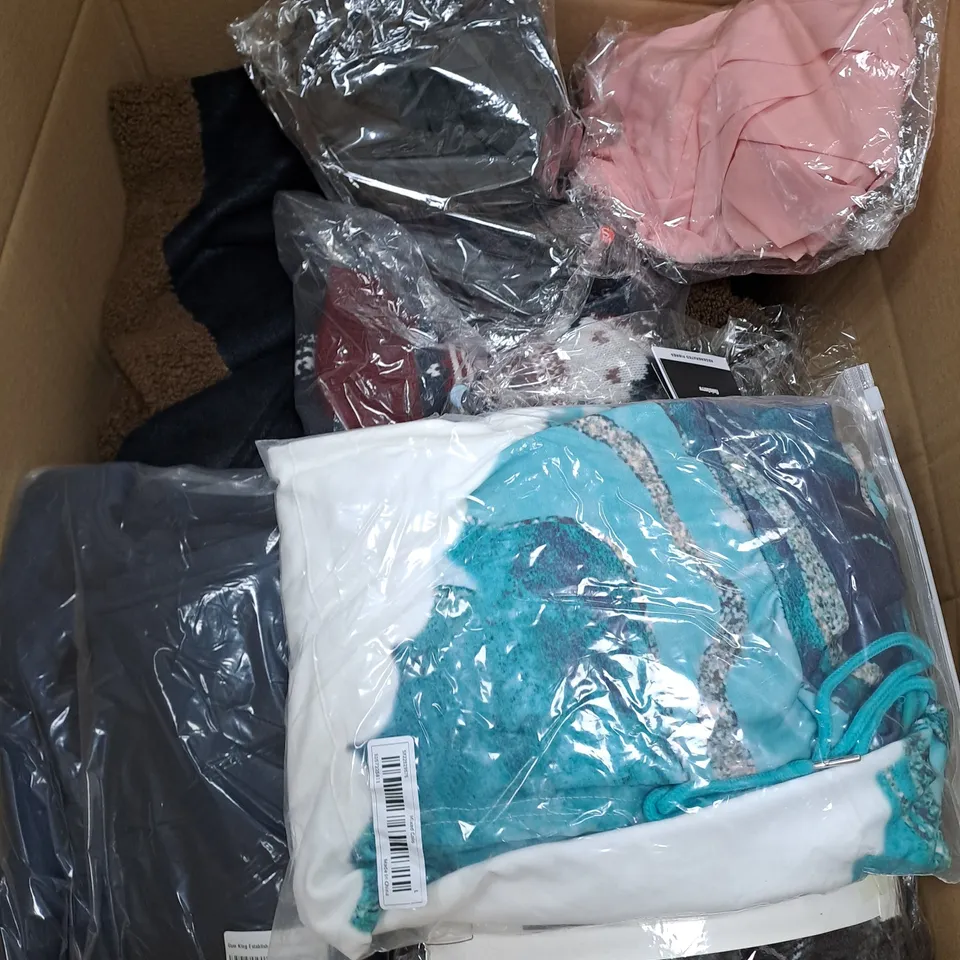 BOX OF ASSORTED CLOTHING ITEMS TOO INCLUDE JUMPERS, SHIRTS AND TROUSERS IN VARIOUS SIZES AND COLOURS   
