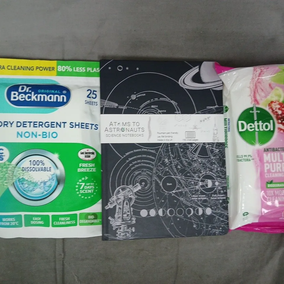 APPROXIMATELY 10 ASSORTED HOUSEHOLD ITEMS TO INCLUDE CLEANING WIPES, SCIENCE NOTEBOOK, LAUNDRY DETERGENT SHEETS, ETC