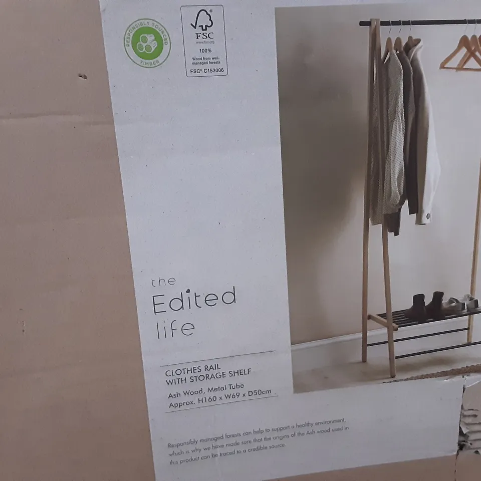 BOXED EDITED LIFE CLOTHES RAIL WITH STORAGE SHELF IN ASTWOOD AND METAL TUBE - H160 X W69 X D50CM