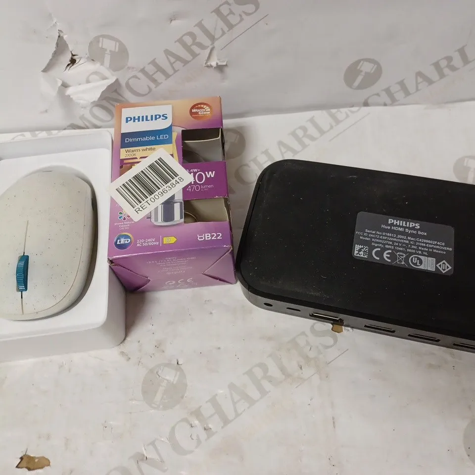 LOT OF 3 ITEMS INCLUDING MICROSOFT OCEAN WIRELESS MOUSE, PHILIPS HUE HDMI SYNC BOX, PHILIPS LED BULB