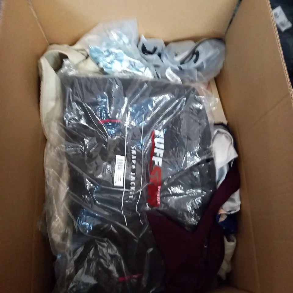 BOX OF ASSORTED CLOTHING ITEMS TOO INCLUDE DRESSES , SHIRTS AND TROUSERS IN VARIOUS SIZES AND COLOURS
