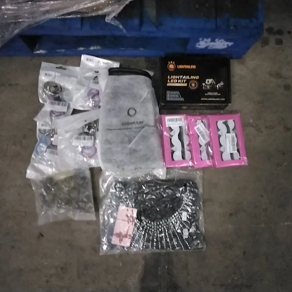 PALLET OF ASSORTED ITEMS INCLUDING LIGHTAILING LED KIT, GREEN FIDGET POP, 4 PCS AIR TAG CASES, 6PCS FAKE LASHES, CCBETTER GLOVES, FARM ANIMAL BALLOONS