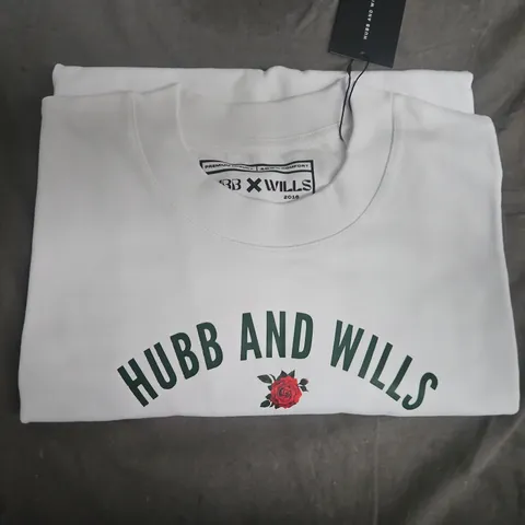 HUBB AND WILLS WHITE T-SHIRT WITH LOGO AND ROSE MOTIF SIZE M
