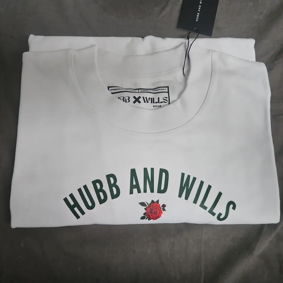 HUBB AND WILLS WHITE T-SHIRT WITH LOGO AND ROSE MOTIF SIZE M