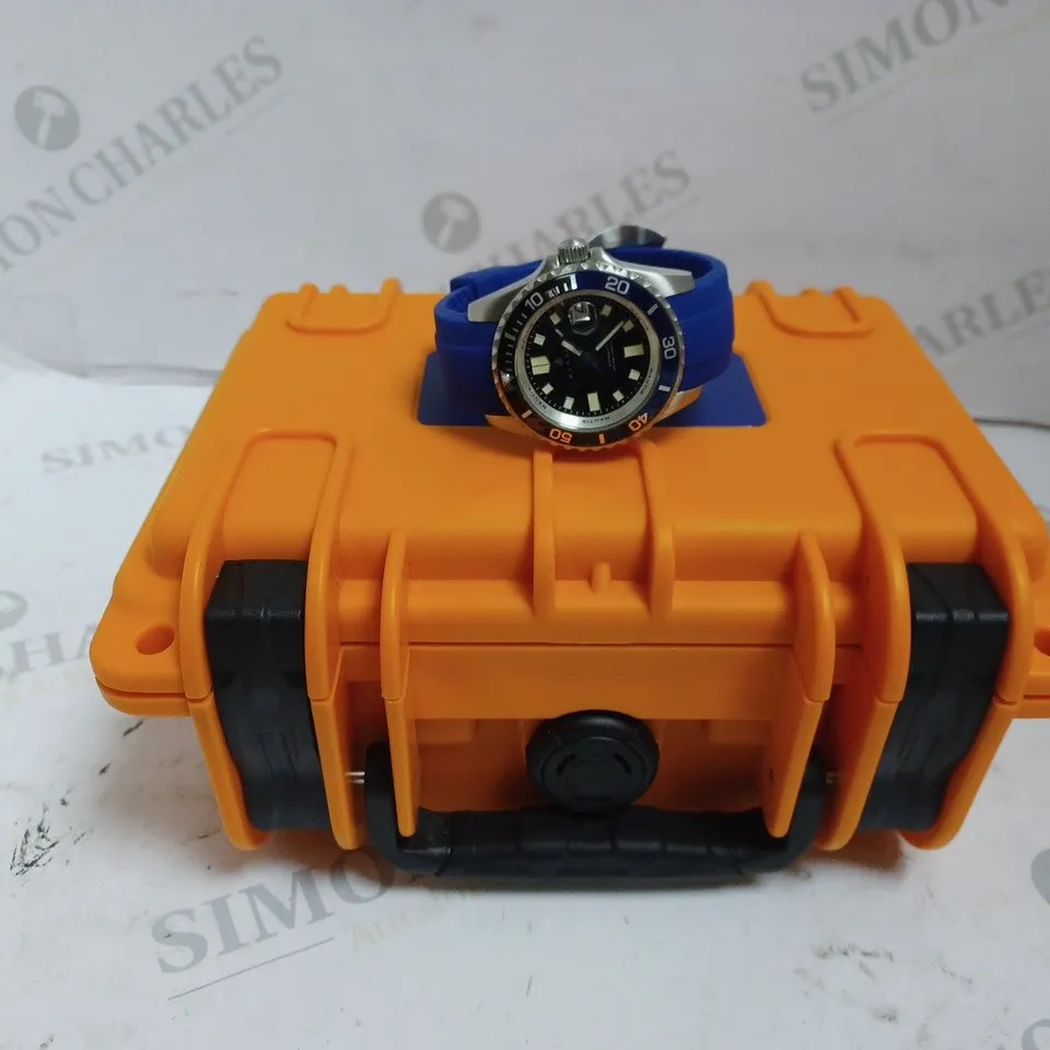 BOXED NAUTIS INTERCEPTOR WATCH - SWISS MOVEMENT - STAINLESS STEEL FACE - RUBBER STRAP, STAINLESS STEEL STRAP - WATER RESISTANT 50 ATM - DATE DIAL. 