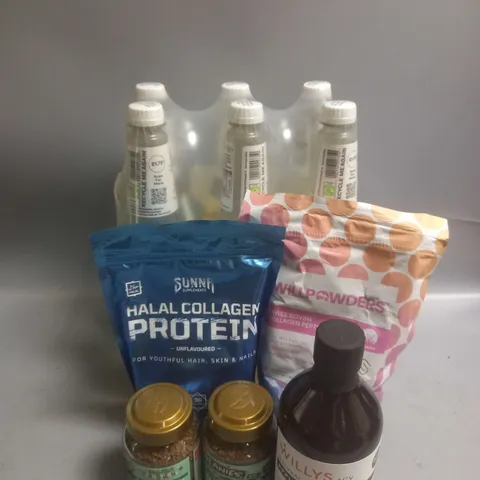 TOTE OF APPROX 8ASSORTED FOOD ITEMS TO INCLUDE - WILLPOWDERS COLLAGEN PEPTIDES - SCHWEPPS SLIMLINE TONIC WATER - WILLY'S APPLE CIDER VINEGAR ETC