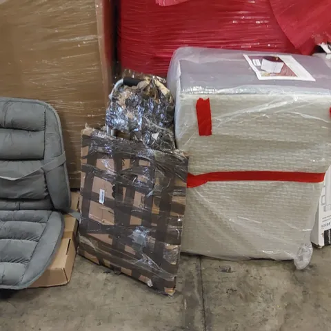 PALLET OF ASSORTED ITEMS INCLUDING: FOLDING BED, CUSHION, TROLLEY, RETRACTABLE GATE, KATANA SWORD PROP