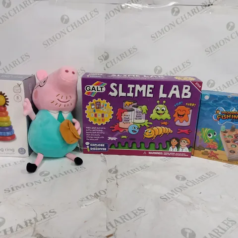 BOX OF APPROX 25 ASSORTED TOYS TO INCLUDE - GALT SLIME LAB - WOODEN FISHING - LIVING TEXTILES BABY RATTLE ECT