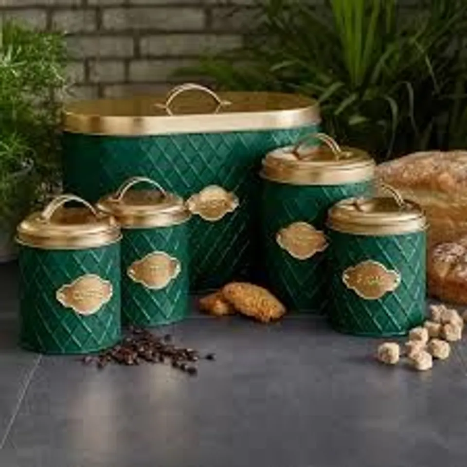 BOXED NEO GREEN EMBOSSED 5 PIECE KITCHEN CANNISTER SET (1 BOX)