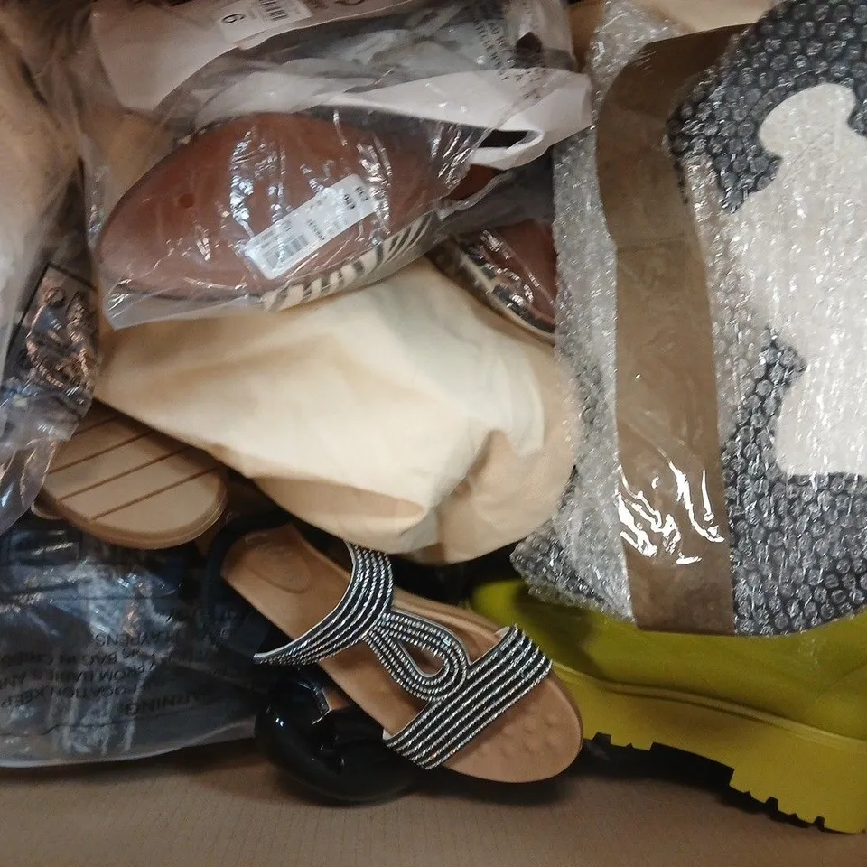 BOX OF APPROXIMATELY 15 ASSORTED PAIRS OF SHOES AND FOOTWEAR ITEMS IN VARIOUS COLOURS, STYLES, AND SIZES - COLLECTION ONLY