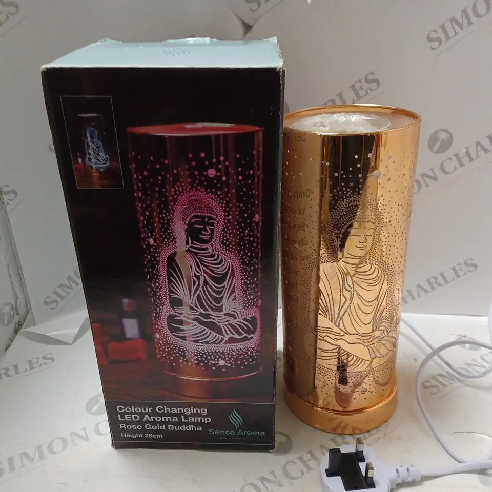 BOXEDSENSE AROMA COLOUR CHANGING LED AROMA LAMP ROSE GOLD BUDDHA - 26CM