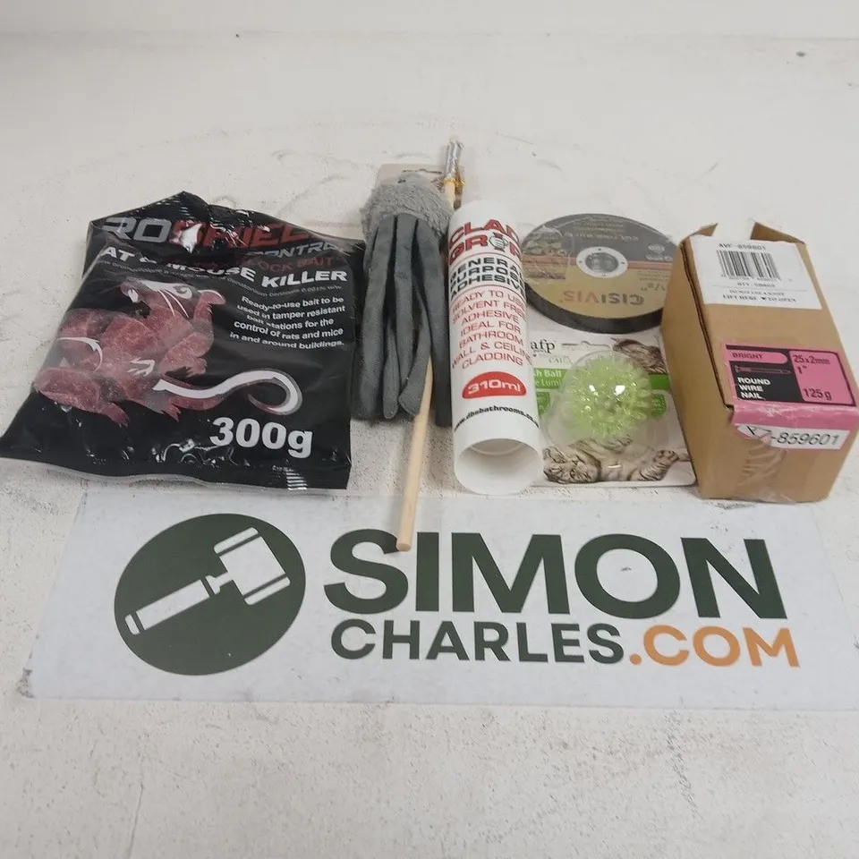 APPROXIMATELY 15 ASSORTED HOUSEHOLD PRODUCTS TO INCLUDE RODENT KILLER BAIT 300G, SILICONE SEALANT 310ML, NAILS, TAPE & CLEANING ACCESSORIES 