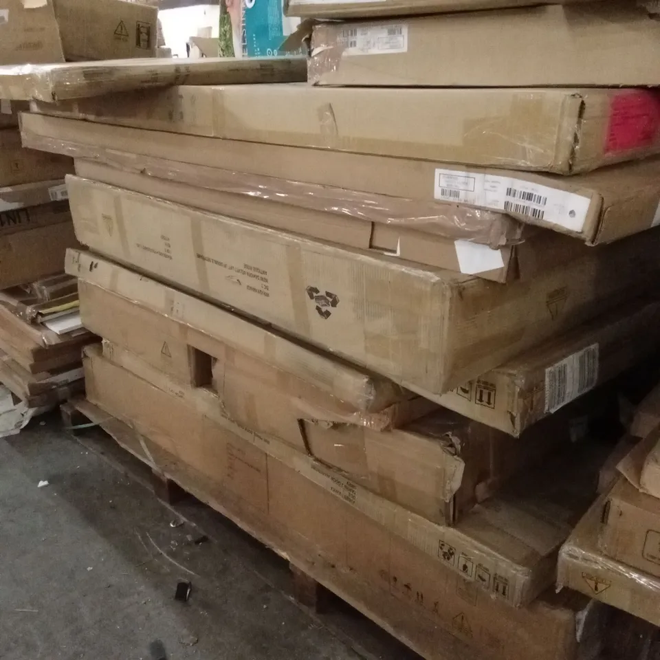 PALLET OF DESIGNER HOME FURNITURE PARTS AND PIECES; WARDROBE AND BED PARTS ETC