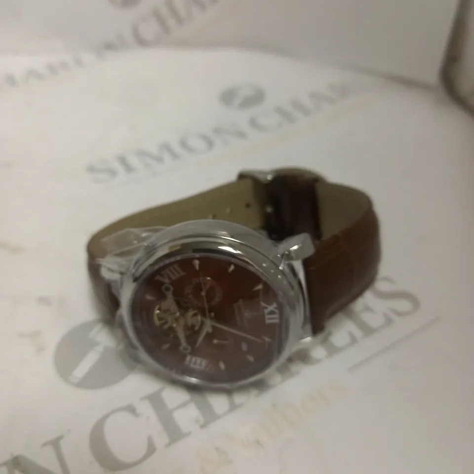 BOXED SAMUEL JOSEPH AUTOMATIC STEEL BROWN WATCH WITH LEATHER STRAP