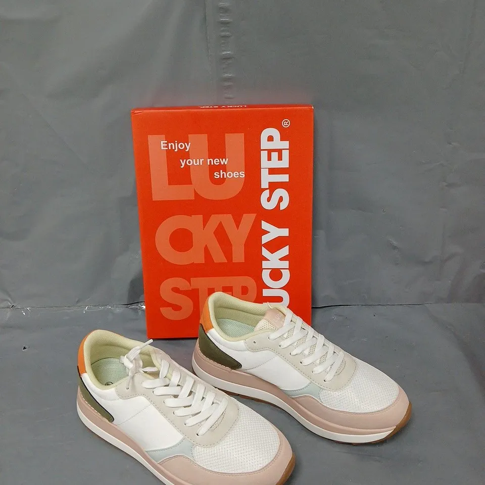 BOXED PAIR OF LUCKY STEP MULTI LACE UP TRAINERS UK 7